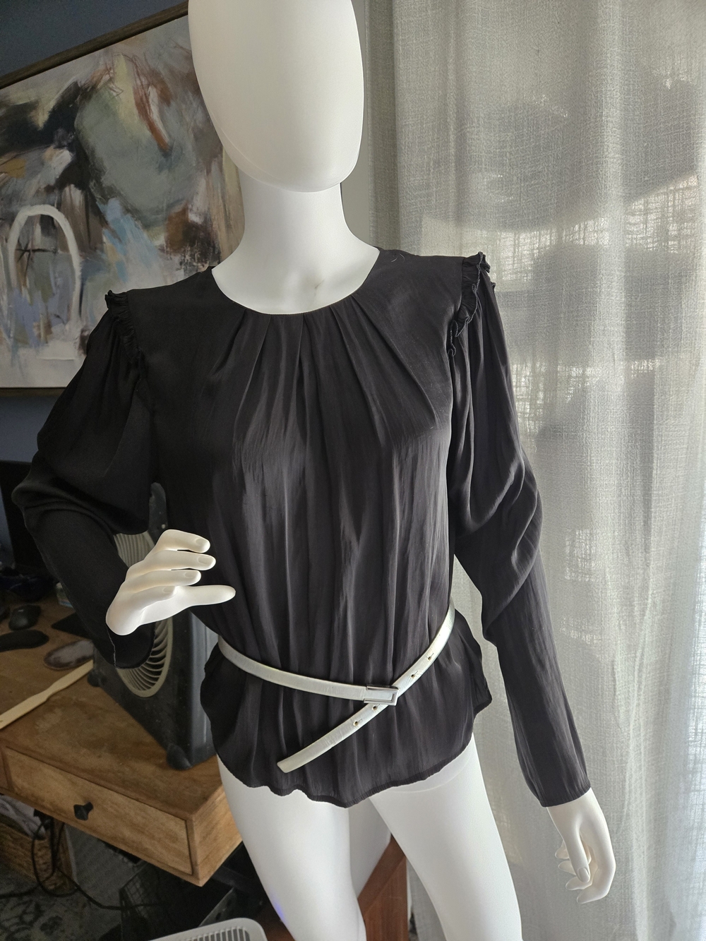 Lush Black Pleated Long-Sleeve Ruffle Shoulder Blouse Plus BR belt